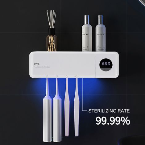 Soporte para cepillos de dientes con desinfección UV, soporte de pared con función de esterilización, batería de 2000 mAh, función de temporizador, organizador de cepillos de dientes (blanco)