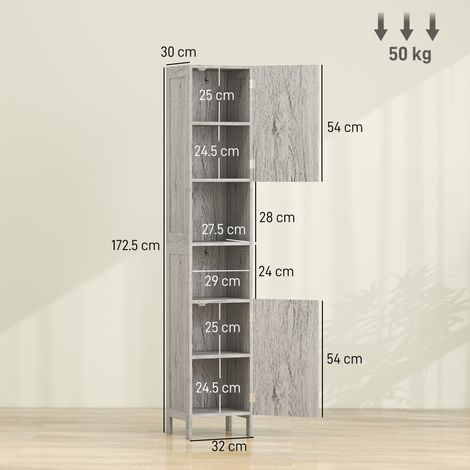 Colonne de salle de bain en MDF avec 2 placards et 2 étagères ouvertes, 30x32x172,5 cm, aspect bois. (1/5)