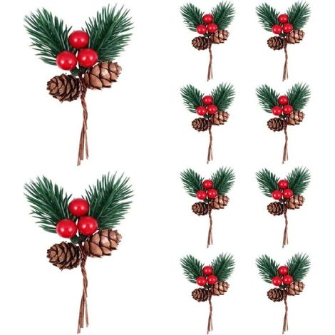 Christmas Pine Cone Picks Decorations 10 Pack Artificial Christmas Picks and Sprays Red Berry Stem Branches with Holly Leaves for Xmas Tree Christmas Wreath Decor (1/5)