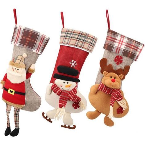 Chaussettes de Noël, 3 Chaussettes de Noël Personnalisé avec Père Noël,Bonhomme de Neige,Renne,Sac à Bonbons pour Mettre des (1/3)