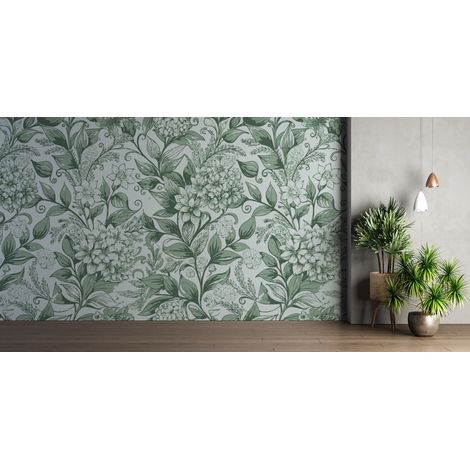 Papier peint fleuri - feuillage classique vert de gris - 400 x 260 cm (1/2)