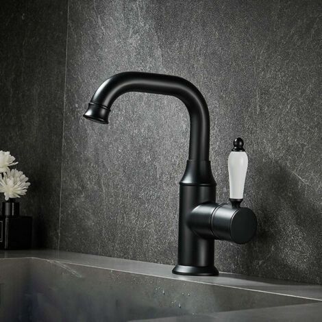 Robinet de lavabo pivotant : Corps en laiton, poignée en céramique, bec pivotant à 360°, finition noire mate