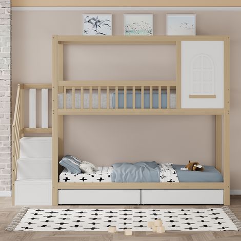 Lit superposé enfant 90×200cm bois massif couleur bois,forme maison avec fenêtres,clôture sécurité,tiroirs et échelle