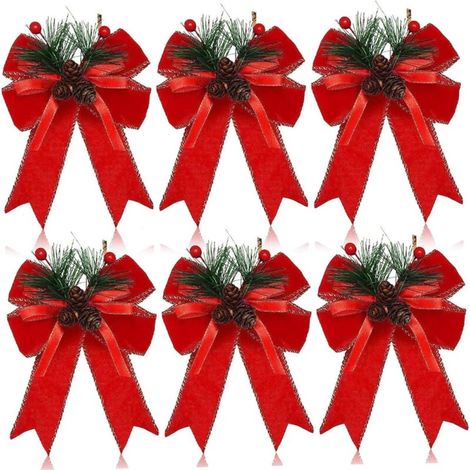 Lot de 6 nœuds de Noël avec Pommes pin, Aiguilles pin, nœuds Rouges en Velours Noël, décoration Couronne d'arbre pour intérieur et extérieur, décoration Bricolage, Artisanat (1/5)