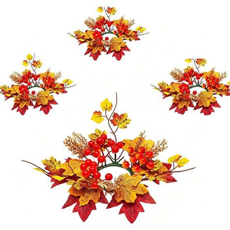 4 Pièces Couronne Bougie Automne Érable, Couronne Artificielle Idéale Pour La Décoration De Table Et De Porte Extérieure (1/5)