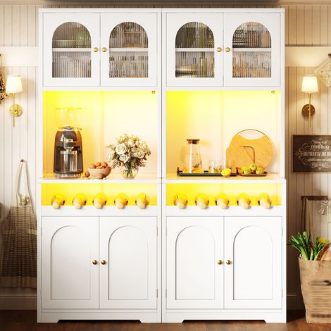 Ensemble composé de 2 buffets hauts blancs 180 cm, chacun avec App-RGB-LED, portes vitrées, casier à vin & anti-basculement, étagères réglables, buffet de cuisine, meuble de rangement (1/5)