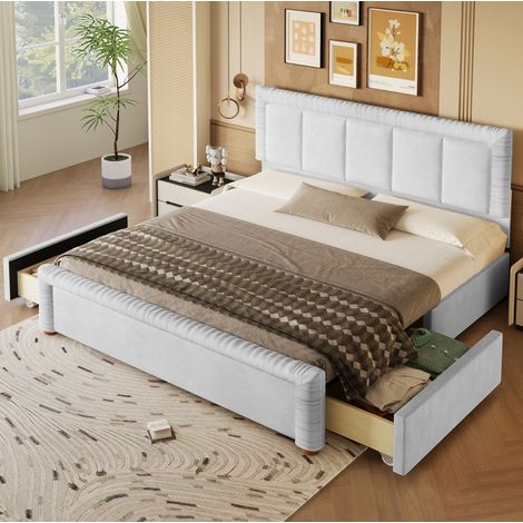 Lit adulte 180x200 cm avec 2 tiroirs modulables, tête et pied rembourrés, pieds en bois, velours gris (1/5)