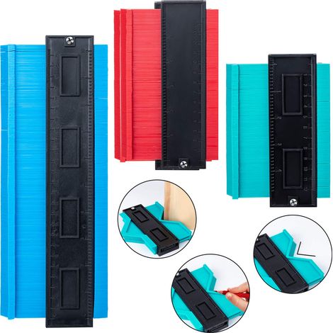 Jauge de profil - 3 règles de mesure de jauge de profil en plastique pour la précision de la mesure des carreaux, outil de marquage du bois laminé (bleu 25 cm, rouge 14 cm, vert 12 cm) (1/5)