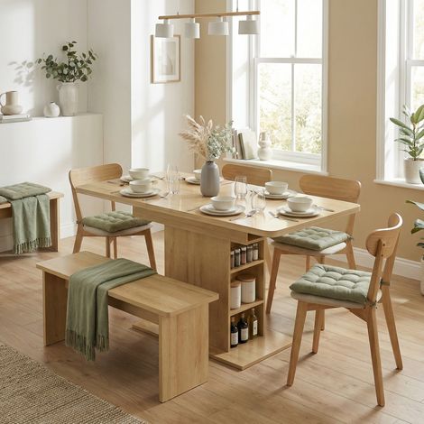 Table à manger extensible rectangle pour 4 à 6 personnes, table de cuisine 110-130 cm, 6 étagères ouvertes, bois naturel (1/5)