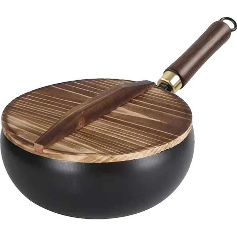 Sartén de hierro forjado a mano, cocina ecológica, 24 cm con tapa de madera. (1/2)