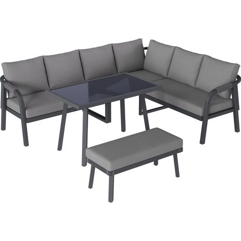 Set Jardin 8 Places Gris – Canapé d'Angle + Table Verre + Banc, Accoudoirs Tressés, Acier Galvanisé, Pour Terrasse/Jardin