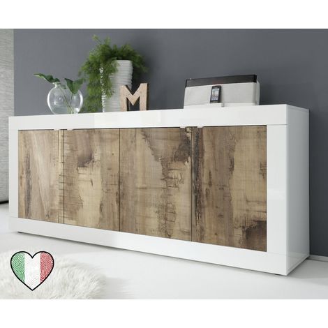 Credenza moderna bassa da soggiorno 4 Ante Bianco lucido-Pero - Basic (1/3)