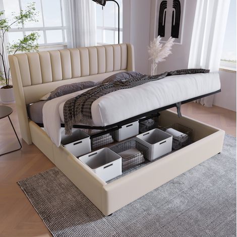Stauraumbett 160/200 cm beige aus Leinen mit hydraulischem Lattenrost (1/5)