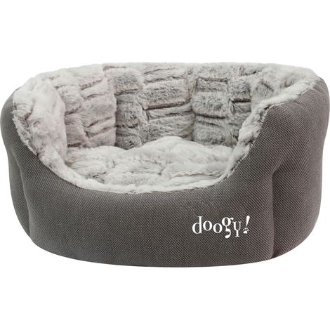 Corbeille pour chien en imitation fourrure taupe – Taille S 39x36cm – Confort optimal avec coussin amovible – Lavable à 30° – Chadog