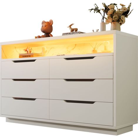 Aparador con 6 Cajones y LED, Hueco Abierto Efecto Mármol, Estilo Moderno, en Tablero de Partículas y Metal, 120×40×85 cm, Blanco (1/5)