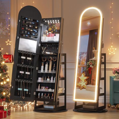 Armoire à Bijoux avec Arqué Miroir, Lumières LED, Pivotant, Noir (1/5)