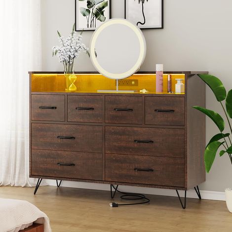 Commode en bois marron 8 tiroirs avec LED et station de recharge, meuble de rangement moderne pour chambre et entrée (1/5)