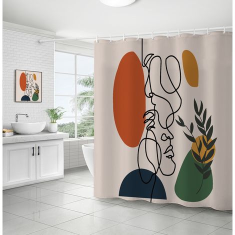 Rideau Douche Visage Abstrait Milieu du Siècle Moderne Minimaliste Art Terracotta Anti Moisissure Imperméable Tissu Polyester Lavable 180x180cm (1/5)