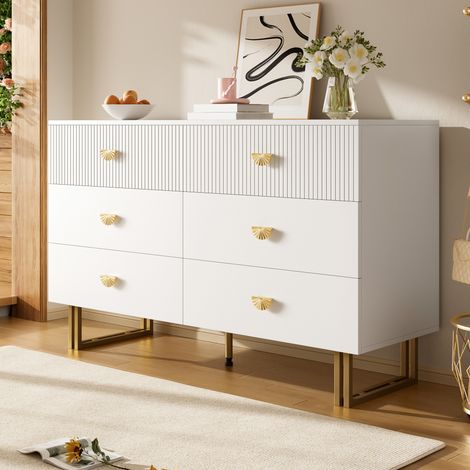 Buffet 120x40x75 cm blanc en MDF avec 6 tiroirs et poignées dorées (1/5)