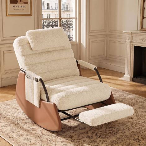 Sillón mecedora con reposapiés retráctil 91,5x67x92 cm, sillón relax regulable, tapizado en tejido bouclé tipo borreguito, beige (1/5)