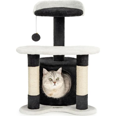 Arbre à Chat avec Niche et Balle en Peluche, Hauteur 65 cm, Arbre Moyen avec sisal Robuste et Peluche, Surface de Repos Confortable, adapté aux Petits et Grands Chats, Noir/Blanc (1/5)