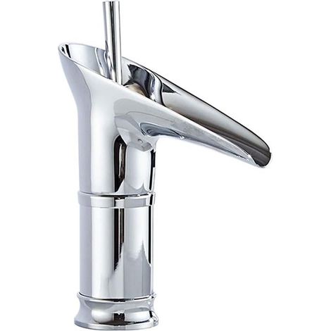 Kaelt - Robinet de lavabo cascade à poignée unique, montage sur plage, robinet de lavabo vasque monotrou, pour eau chaude et froide(Brillant, court) (1/5)