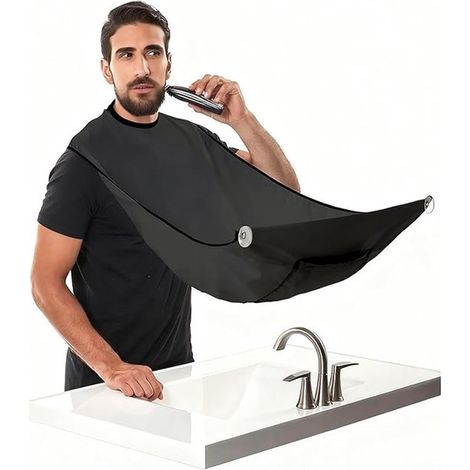 Tablier de rasage - Récupère les poils pendant le rasage - Tissu de soin imperméable et antitache - Avec 2 ventouses - Pour la taille de la barbe et la coupe des cheveux - 110 x 70 cm - Noir (1/5)