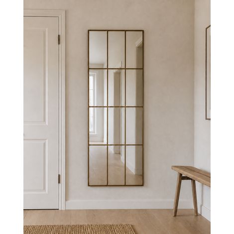 LunaMirror Hugo Fensterspiegel 165 x 60 cm, rechteckige Form mit dekorativer Fenstersprossen-Optik, Antikbronze