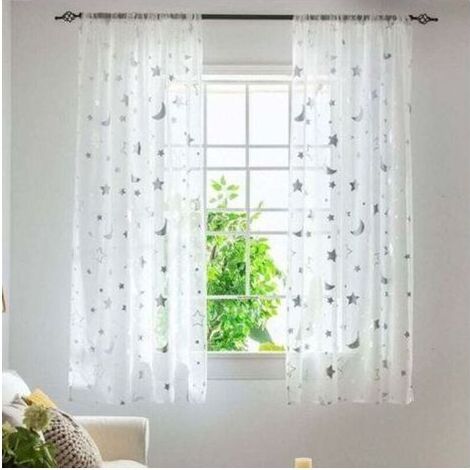 Rideaux enfants semi-transparents 1 m – 2 panneaux 1,3 m de large – Motif lune et étoiles – Tissu infroissable et léger (1/2)