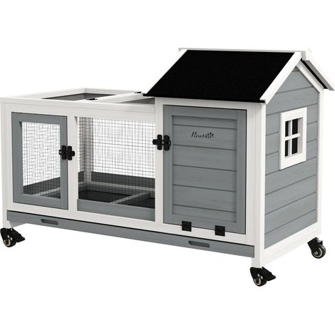 Zwergkaninchenstall aus Holz, 108 x 58 x 73,5 cm Kleintierstall mit Freilaufgehege, Rädern, Klappdach, Zwergkaninchenkäfig mit Ausziehbarem Tablett für Indoor, Outdoor, Grau 