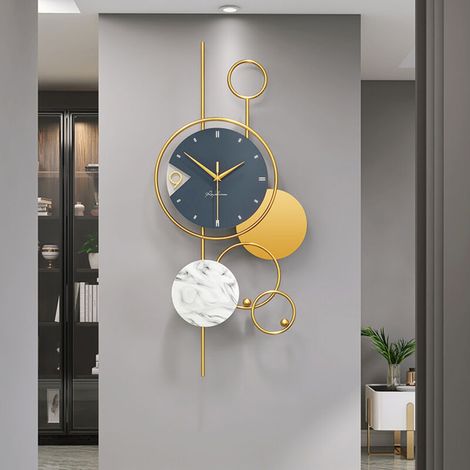 Moderne, geräuschlose, dekorative Wanduhr für Wohnzimmer, Büro, Schlafzimmer, Holz und Metall mit Marmorstruktur, 32 x 70 cm, Messing-Uhrwerk, inklusive Griffe