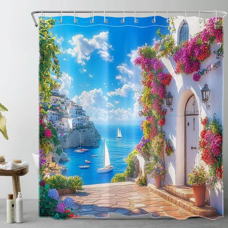 Côtier Grec Rideaux de Douche 240x175cm Maison de Jardin Fleuri Rideaux de Bain avec Crochets,Été Nautique Bleu mer Extra Large Imperméable Polyester Anti Moule Salle de Bain Décor (1/5)