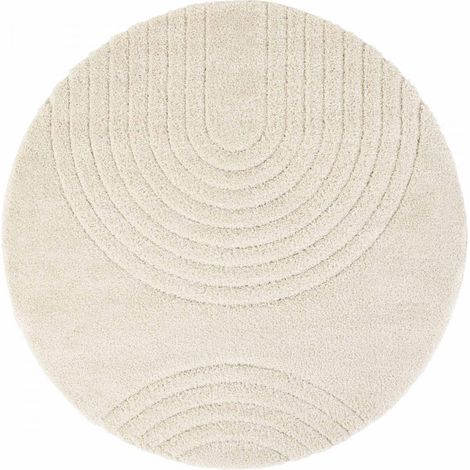 Tapis rond 160 x 160-rond cm motif rond, couleur ecru, forme ronde élégante, structure relief originale pour salon, pliable et compatible chauffage