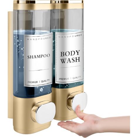 Distributeur de Savon Mural, Distributeur Gel Douche, Distributeur Double de Shampoing et Après-shampoing sans Perçage ABS pour Salle de Bain Cuisine Marché Hôtel Restaurant 300ML2(Or)