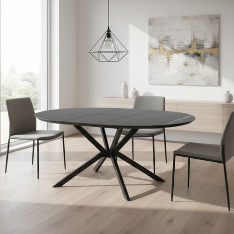 Tavolo rotondo allungabile Dobok piano effetto marmo nero con dettagli oro lucido 126x126x76H (1/5)