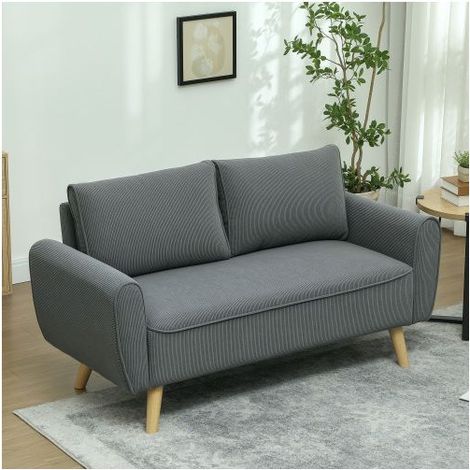 Petit Canapé 145x75x78cm Assise Profonde 54cm Velours Côtelé - Canapé 2 Places - Gris Foncé Pieds Bois Massif Coussins Lavables Chic (1/5)