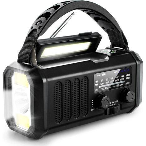 Radio météo d'urgence, batterie portable de 10 000 mAh avec alarme SOS, générateur à manivelle, radio AM/FM solaire, lampe de lecture, lampe de poche, boussole extérieure et chargeur de smartphone. (1/3)
