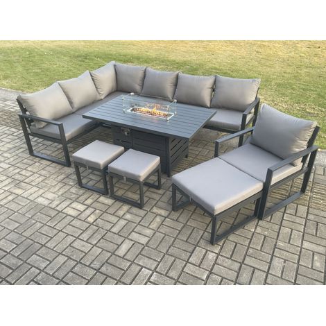 Fimous Aluminium 9 Pieces Garden Furniture Corner Sofa Set with Cushions Gas Fire Pit Dining Table Set with Chair 3 Footstools Dark Grey (1/5)