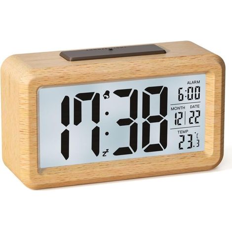 Digitaler Wecker, batteriebetriebener Wecker aus Holz mit großem LCD-Bildschirm, Digitaluhr mit Hintergrundbeleuchtung, Datumsanzeige, Temperaturanzeige, automatischem Lichtsensor und Schlummerfunktio