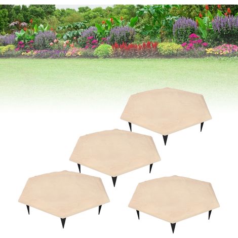 Set mit 4 sechseckigen Gartenplatten mit 24 Befestigungspfählen – witterungsbeständiges Polypropylen, 22 cm Sechseck, beige Farbe für Wege und Rasenflächen (1/5)