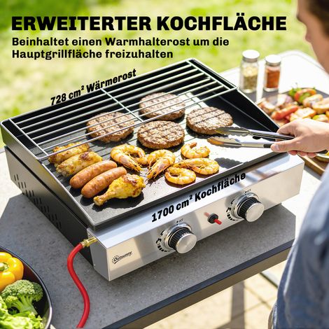 Grill à gaz 5 kW portable, barbecue de table 2 brûleurs, grille céramique émaillée, grille de réchauffage (1/5)