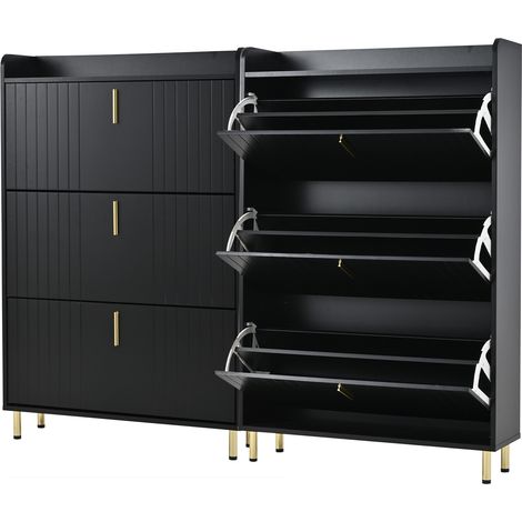 Set aus 2 Schuhschränken mit 3 Klappen, 6 Fächern, MDF, Schwarz, 80 x 23,5 x 123,5 cm (1/5)