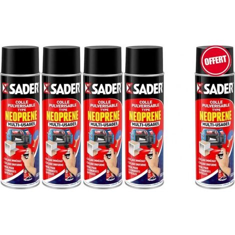 Sader – Colle néoprène en aérosol 500 ml – Pour carton, bois, métal, textile – Prise immédiate, repositionnable – 4 + 1 offerte