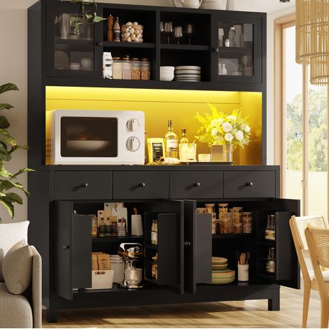 Buffet haut 140 x 38,5 x 180 cm avec LED RGB, portes vitrées, 4 tiroirs, noir (1/5)