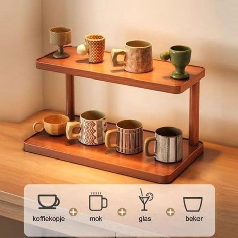 Support à Tasses à Deux Niveaux Marron, Épais 30cm, Rangement pour Plan de Travail, Cafetière, Verres et Pots à Épices (1/5)