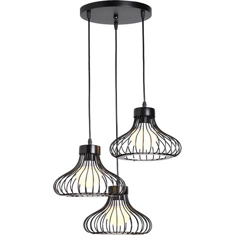 3 Luces Lámpara Colgante, Lámpara de Techo con Ø23cm Jaula Interior, Industrial Estilo Iluminación de Metal Decorativo E27 Art para Cocina Sala Comedor Dormitorio (Negro)
