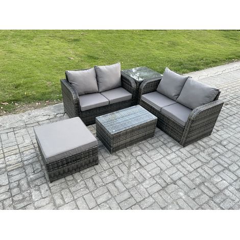 Fimous Outdoor Lounge Sofa Set Rattan Garden Furniture Set with Rectangular Coffee Table Big Footstool Side Table Dark Grey Mixed (1/4)