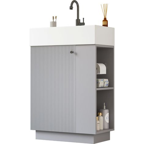 Meuble vasque Gris, Vasque céramique,Rangement porte & étagères & Porte-papier amovible,Soft-close,Sans robinet (1/5)
