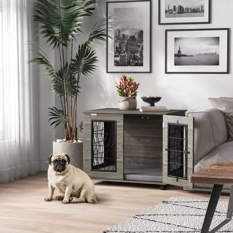 Cage pour chien avec coussin couché, jusqu’à 20 kg/50 cm de longueur corporelle, décoration grise/bois, 80x56x63cm, métal