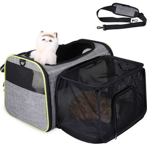 Erweiterbare Transportbox für Katzen, Hunde und andere Kleintiere, atmungsaktives Netzgewebe, geräumig, faltbar mit herausnehmbarer Plüschmatratze, geeignet für Reisen mit Flugzeug, Zug oder Auto. (1/5)
